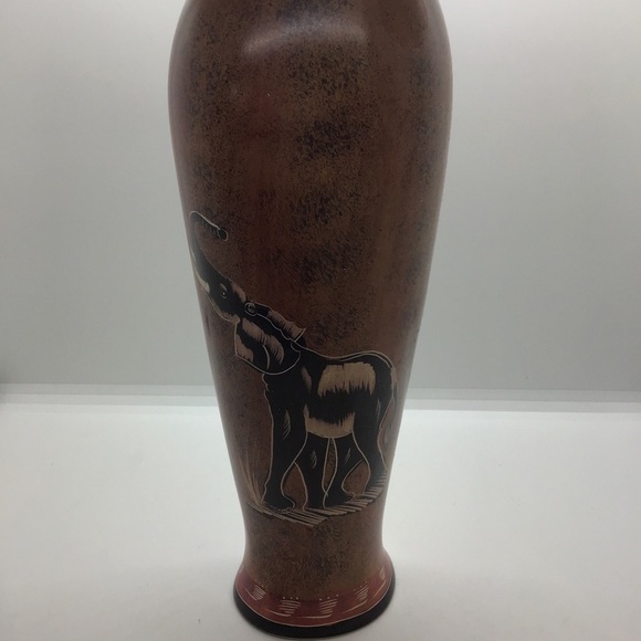 Vintage Hand Carved Soapstone African Vase Elephant Tree Nature - Picture 1 of 11
